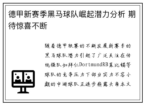 德甲新赛季黑马球队崛起潜力分析 期待惊喜不断