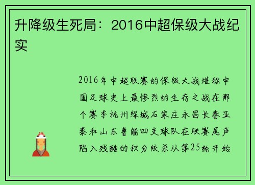 升降级生死局：2016中超保级大战纪实